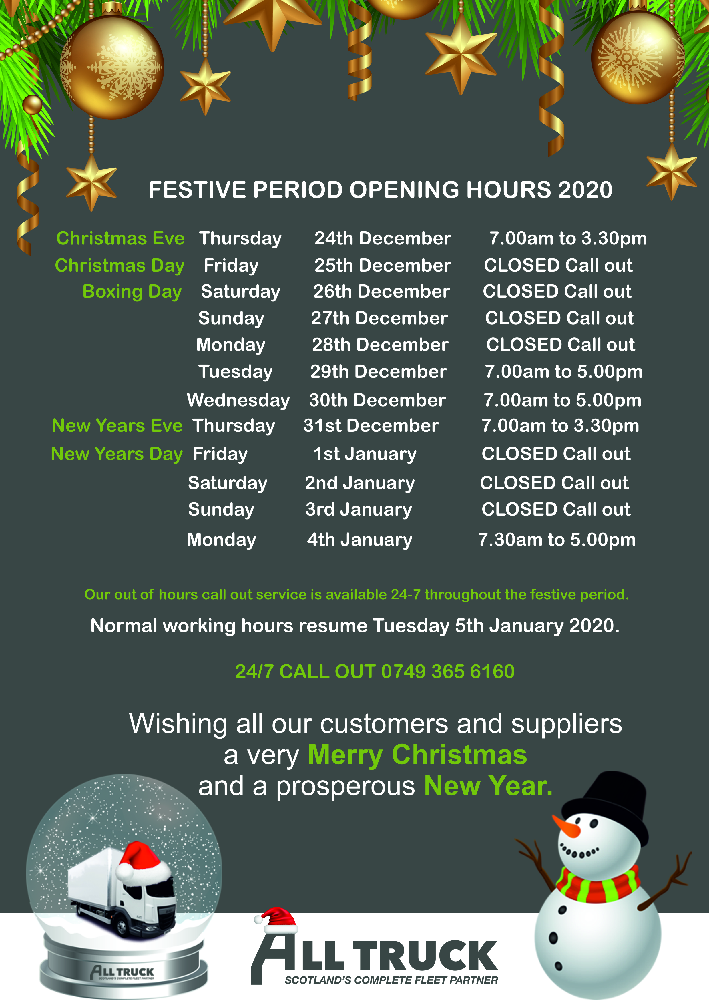 Festive opening hours alltruck 2020